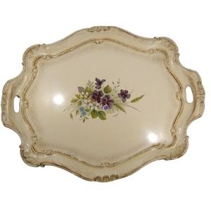 Vintage Large Victorian Style Wood Floral Ornate Decor Handled Serving Platter